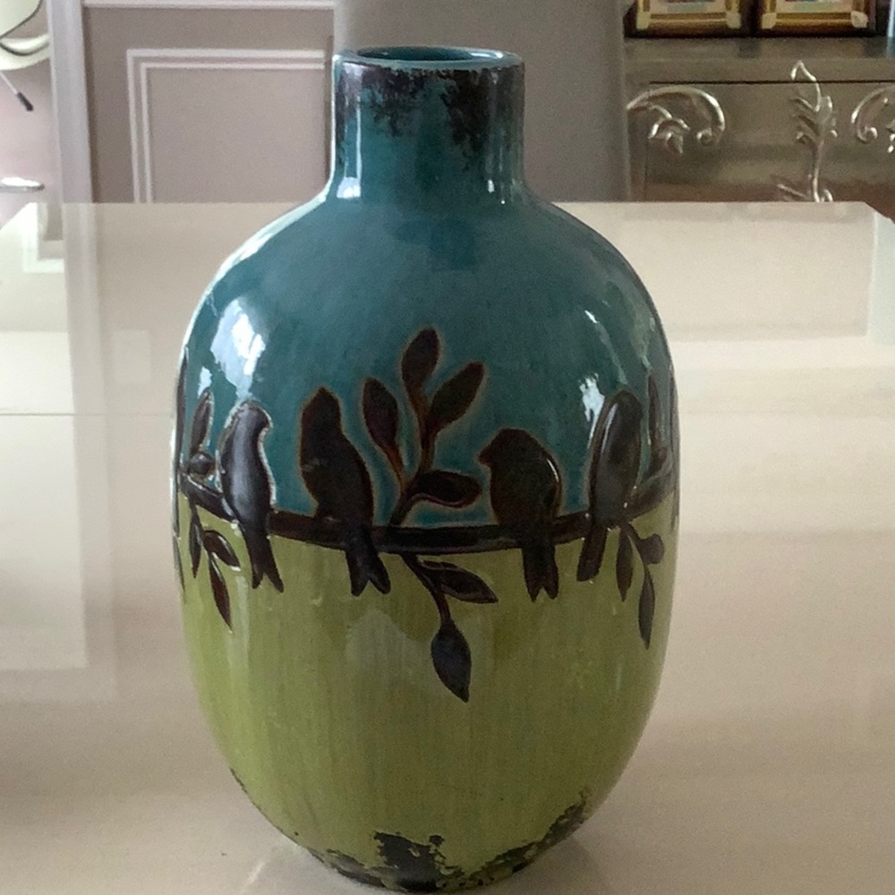Ceramic Vase With Birds Color block 12”